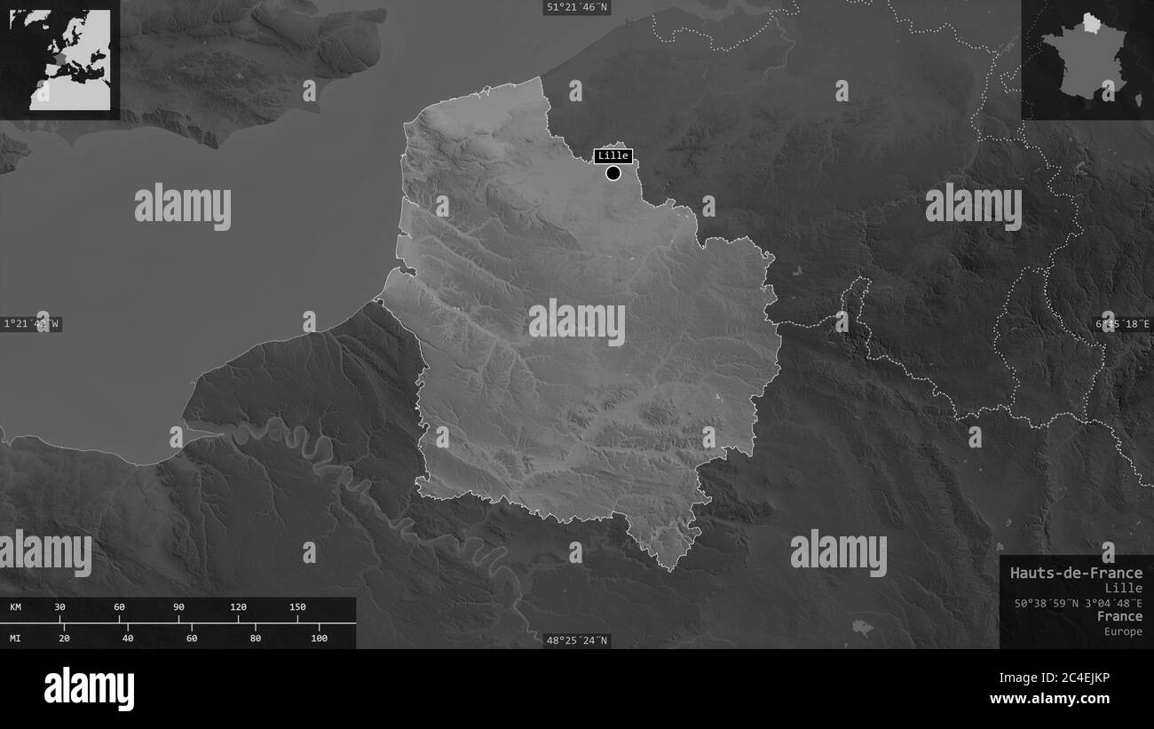 Hauts-de-France, Region Frankreich. Graustufen-Karte mit Seen und Flüssen. Form präsentiert gegen seine Landesfläche mit informativen Überlagerungen. 3D-Rendering Stockfoto