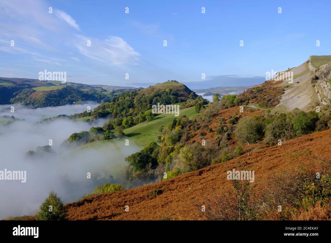 Am frühen Morgen Nebel im Dee Valley mit Blick auf Castell Dinas Brân Llangollen Denbighshire Wales Stockfoto