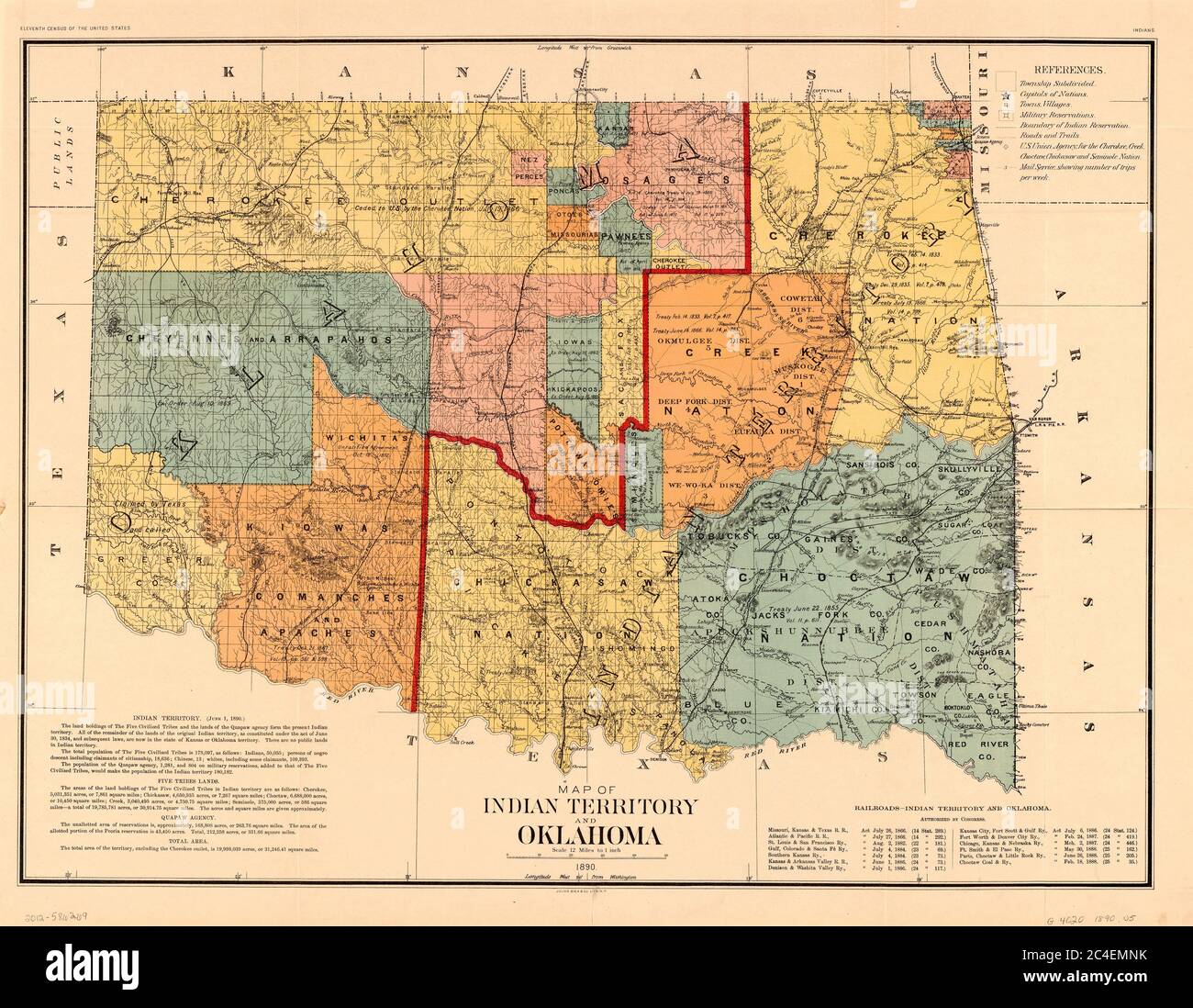 Karte des indischen Territoriums und Oklahoma, U.S. Bureau of the Census, 1890 Stockfoto
