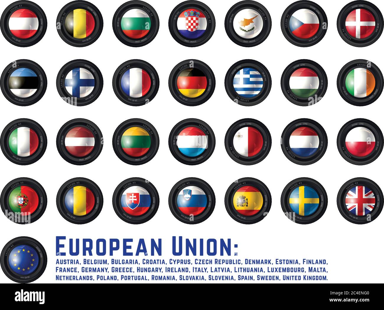 Set mit Kameraobjektiv mit Europischen Union Flaggen. Vektorgrafik. Stock Vektor