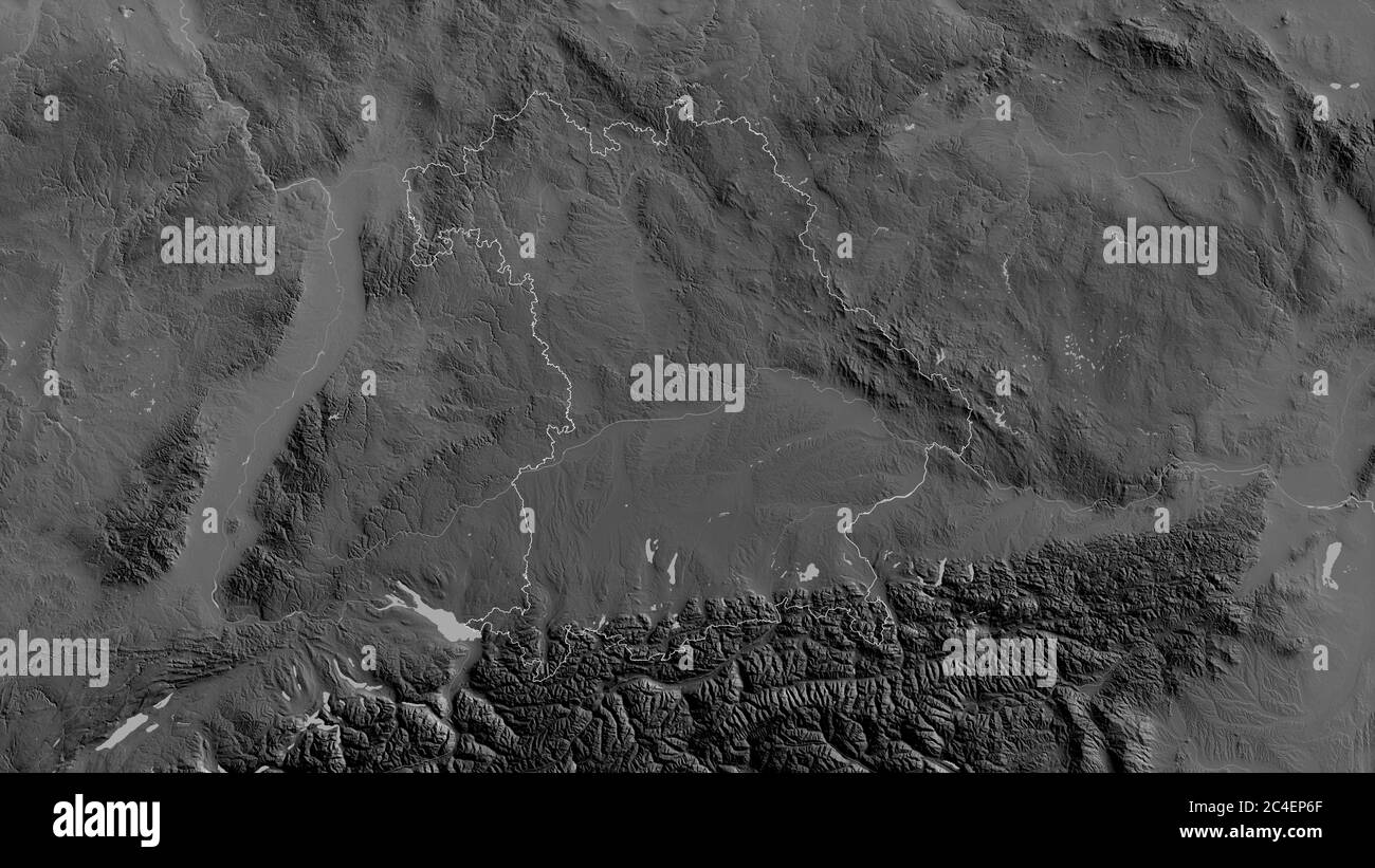 Bayern, Bundesland Deutschland. Graustufen-Karte mit Seen und Flüssen. Form, die gegenüber dem Landesgebiet umrissen ist. 3D-Rendering Stockfoto