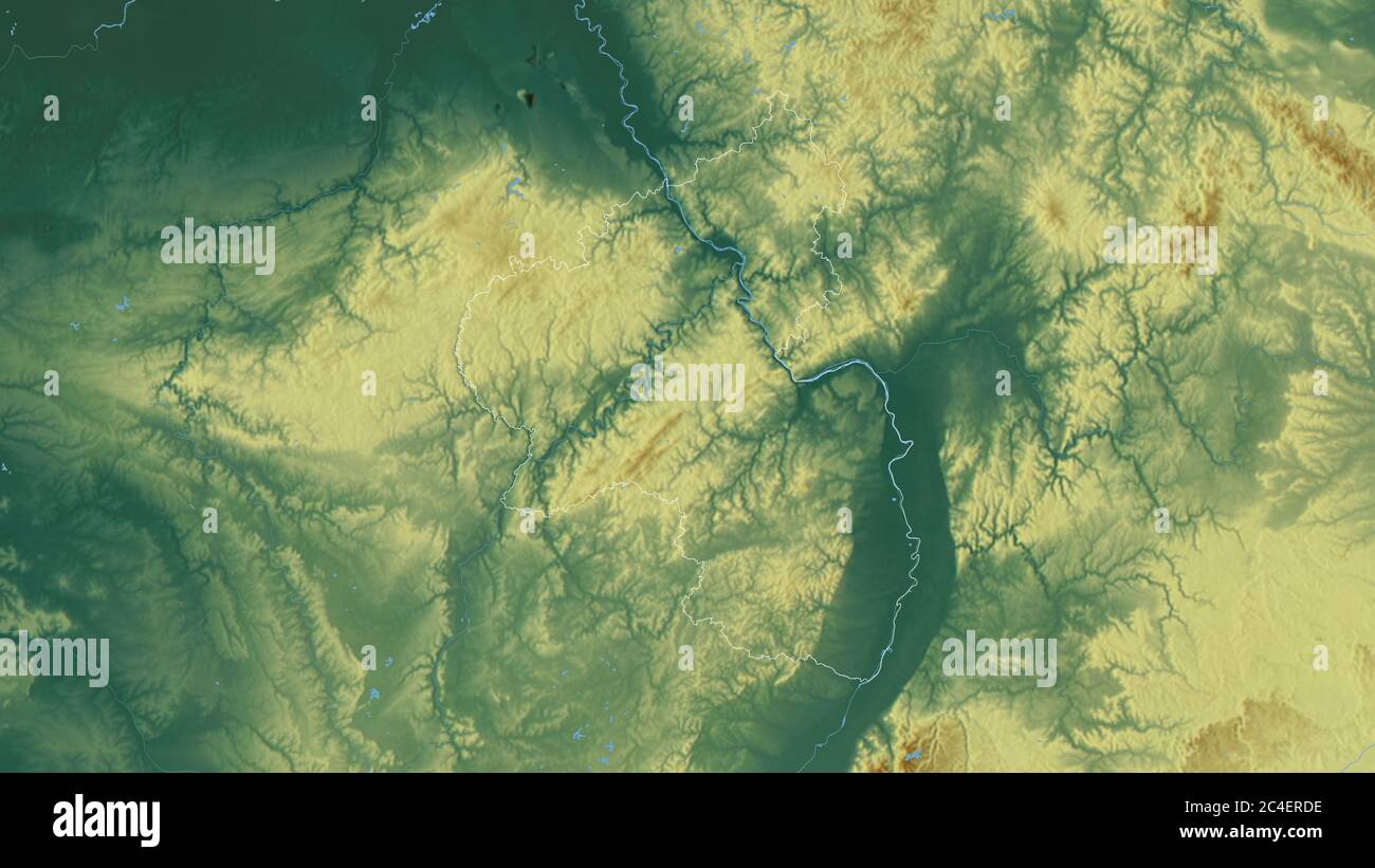 Rheinland-Pfalz, Bundesland Deutschland. Farbiges Relief mit Seen und Flüssen. Form, die gegenüber dem Landesgebiet umrissen ist. 3D-Rendering Stockfoto