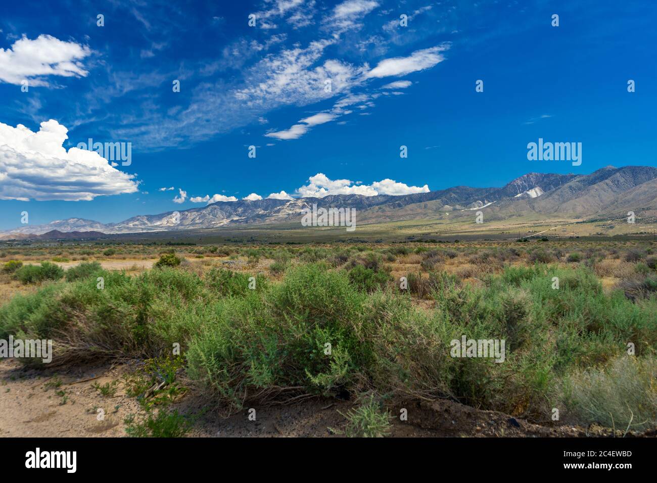 Weite Sicht auf die San Bernardino Bergkette vom Lucerne Valley in der Mojave Wüste in Kalifornien. Stockfoto