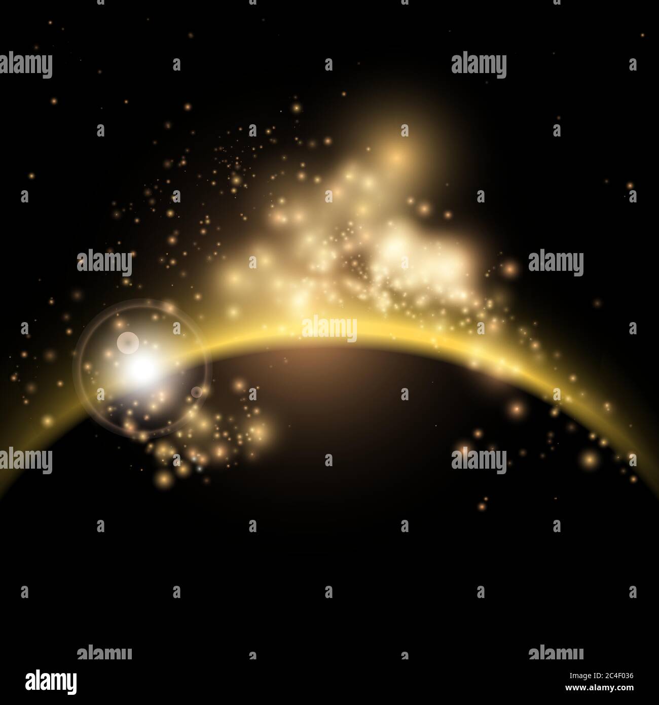 Sonnenaufgang mit Sternen Hintergrund. Planet im Weltraum Hintergrund mit leuchtenden Sternen für Broschüren, Flyer, Poster, Grußkarten. Vektorgrafik Stock Vektor