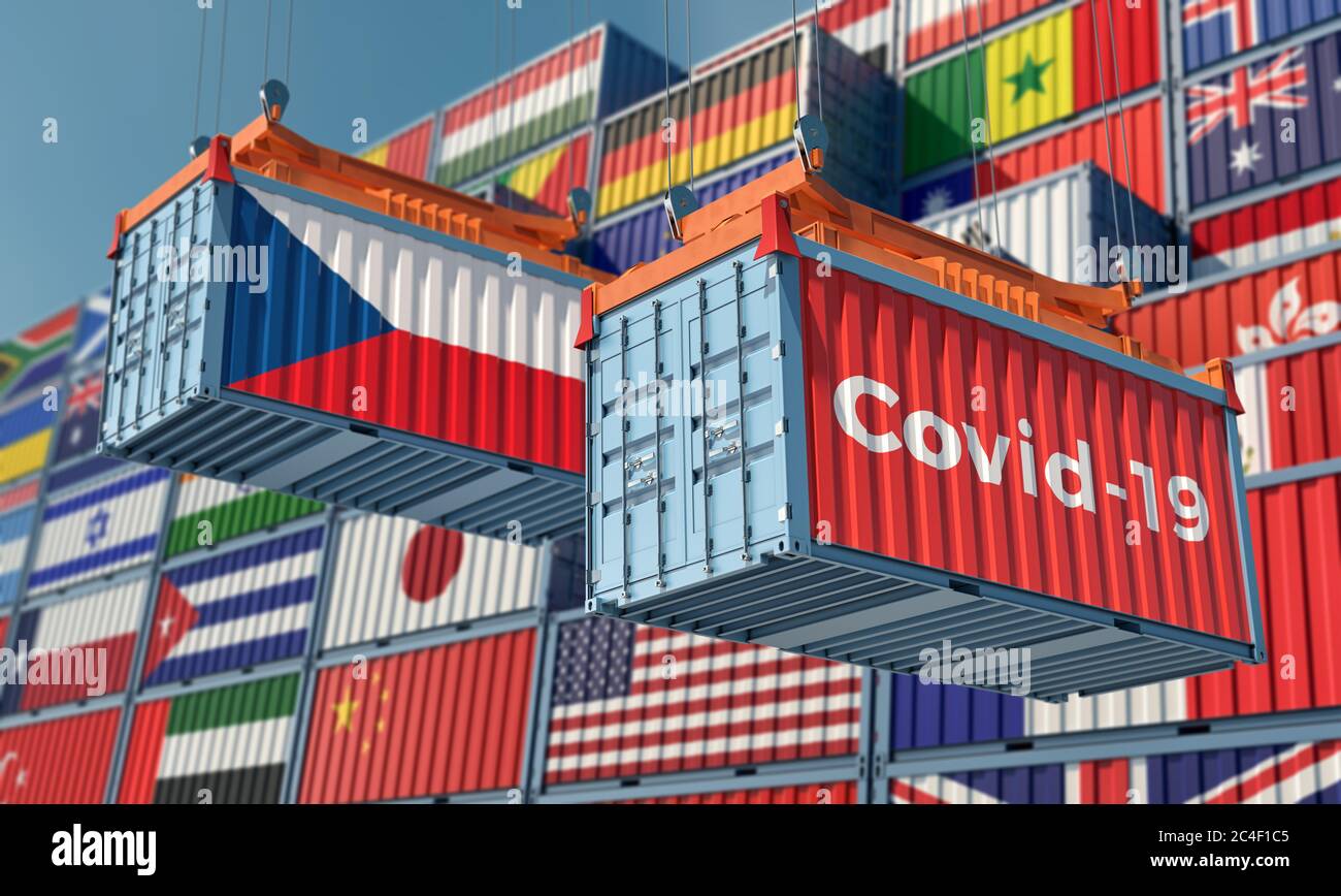 Container mit Coronavirus Covid-19 Text auf der Seite und Container mit Tschechische Republik Flagge. Konzept des internationalen Handels, der das Corona-Virus verbreitet Stockfoto