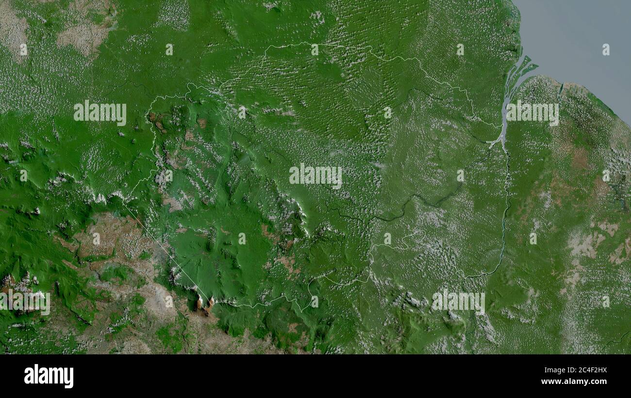Cuyuni-Mazaruni, Region Guyana. Satellitenbilder. Form, die gegenüber dem Landesgebiet umrissen ist. 3D-Rendering Stockfoto