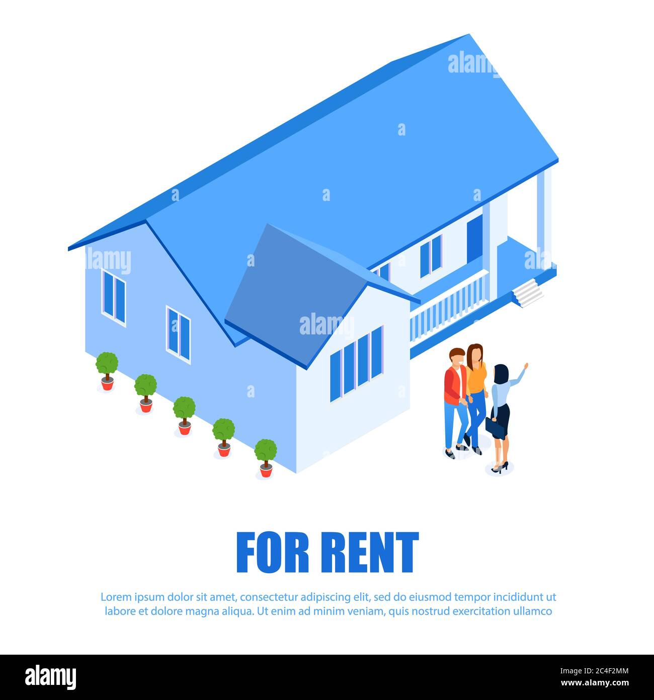 Flaches Banner Namensschild zur Miete, Landing Page. Online-Buchung von Website für Mietobjekte überall in der Welt. Vektorgrafik Treffen mit Real Stockfoto