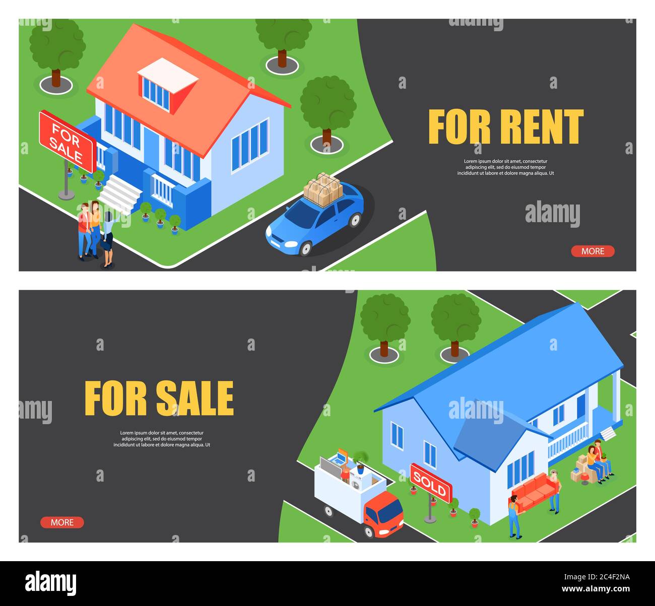 Vektor Illustration zur Miete und zum Verkauf Wohnung. Inschrift zu Hause verkauft, Hilfe Reedter in Finding Client. Geschrieben verkauft auf Platte nahe Haus. Neue Steuerung Stockfoto