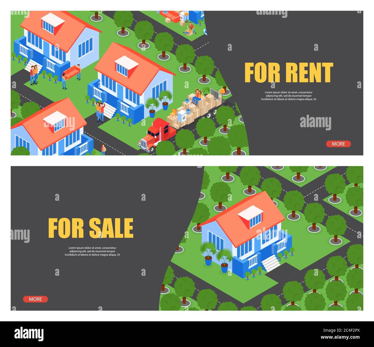 Isometrische Illustration zu vermieten und zu verkaufen. Flat Banner App für die Suche und Auswahl von Mietimmobilien oder Wohnhäusern. Stapler transportiert große C Stockfoto