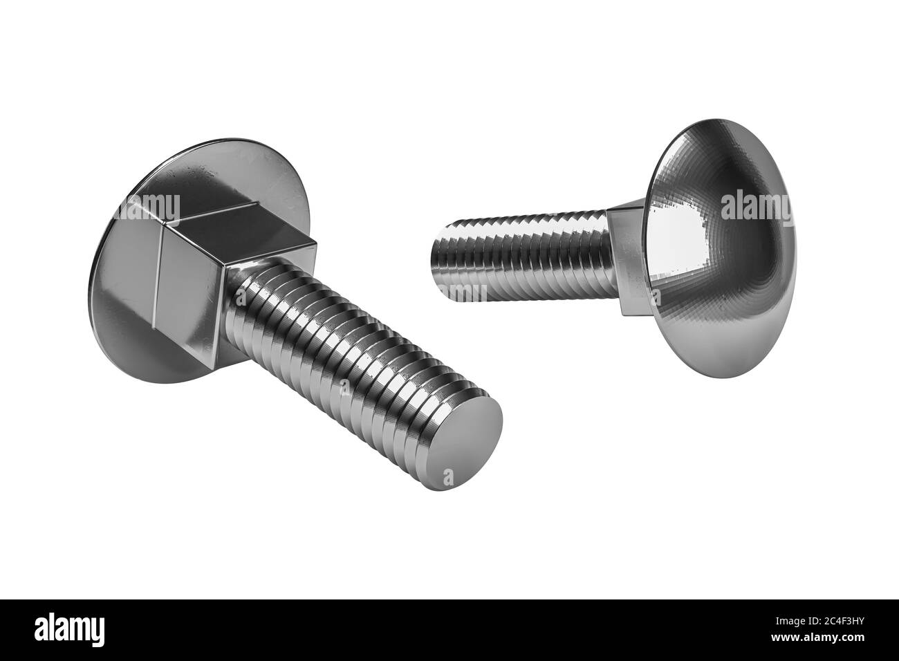 Zwei Schlossschrauben aus Edelstahl isoliert auf weißem Hintergrund - 3d Render Stockfoto