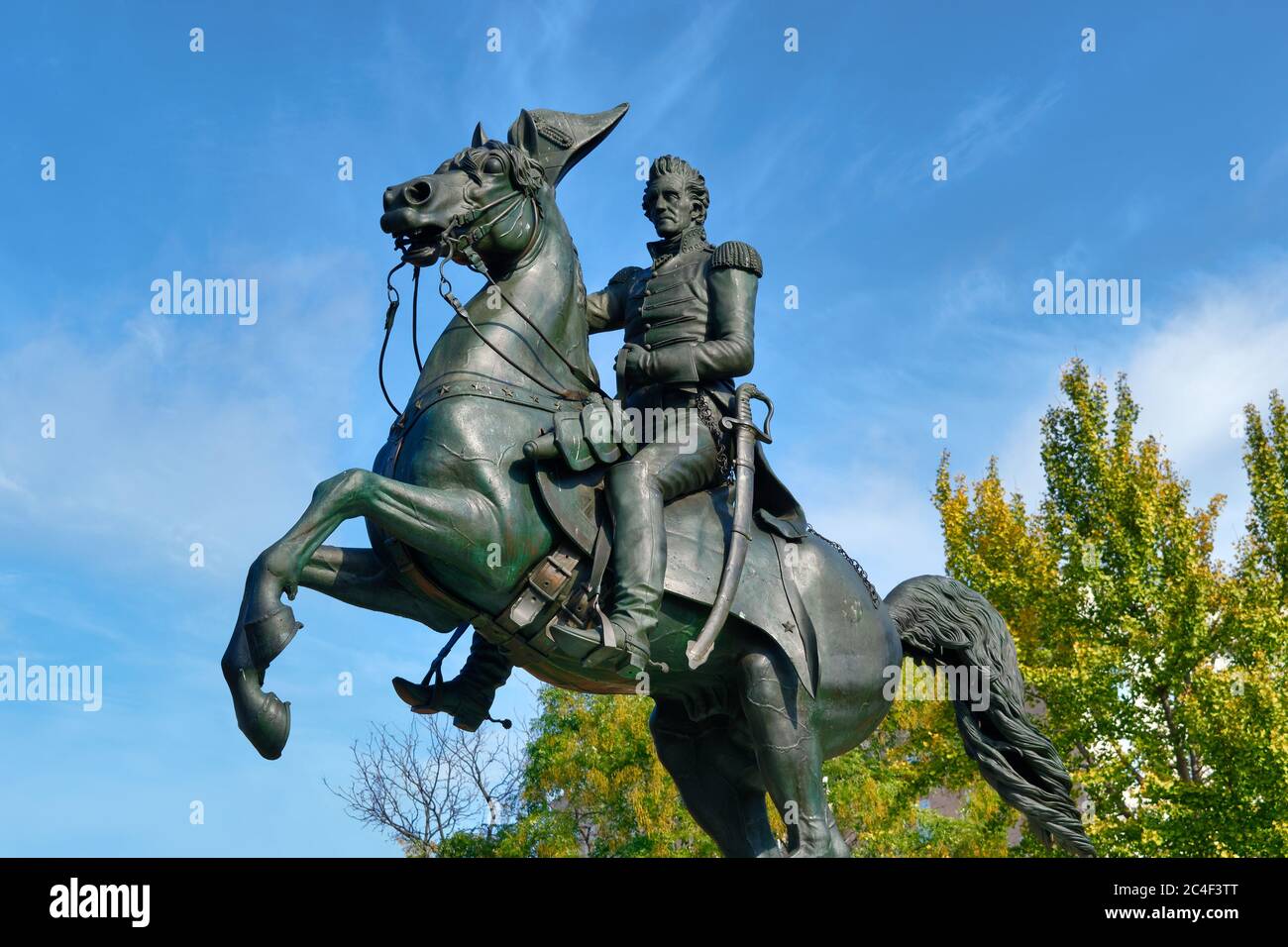 Die Bronzestatue des Reiterstandbildes von Andrew Jackson, die Clark Mills 1852 geschaffen hat, befindet sich am Lafayette Square, Washington, DC, USA Stockfoto