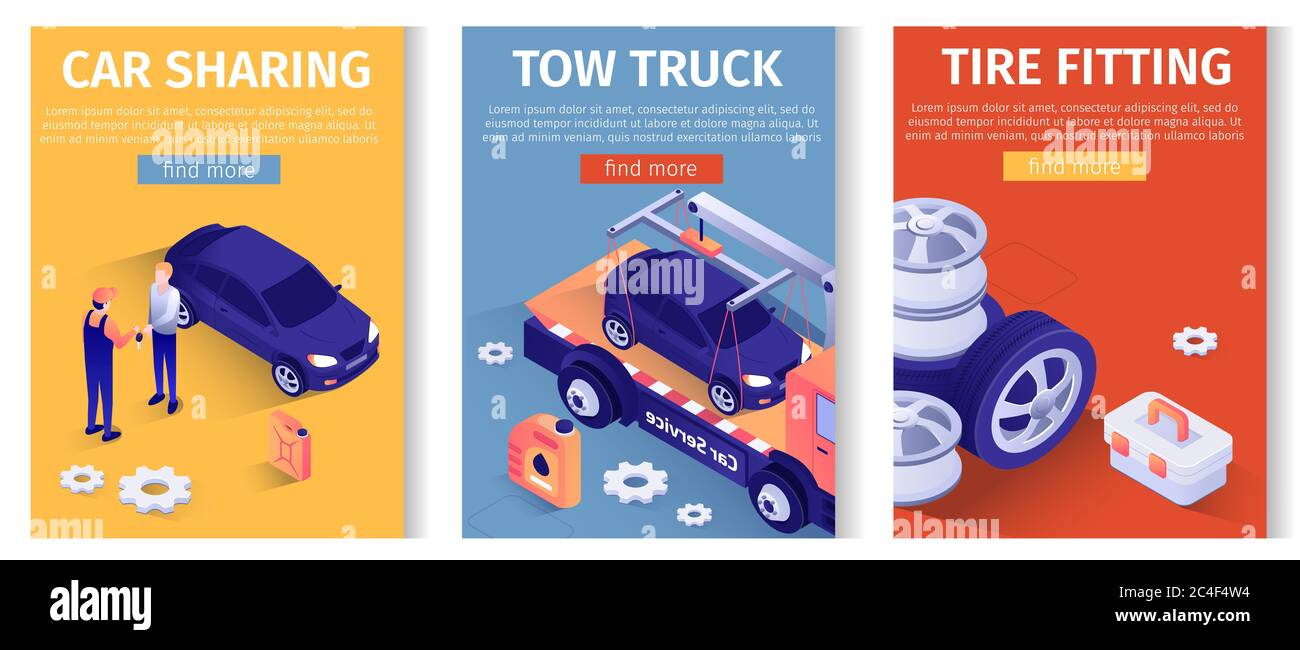 Mobiler Text für Online Auto Service eingestellt. Car Sharing, Abschleppwagen Evakuierung, Reifen Montage Angebote. Isometrische Vorlagen mit Transport und Ersatzteilen. W Stockfoto