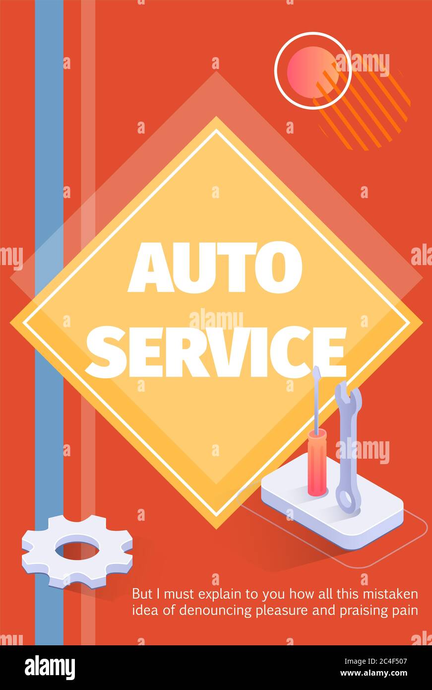 Medien oder druckbare Werbung Poster oder Cover für Auto-Service mit Schriftzug in der Mitte, Werkzeuge und Getriebe Isometrische Icons, Platz für Firmenlogo. Vect Stockfoto
