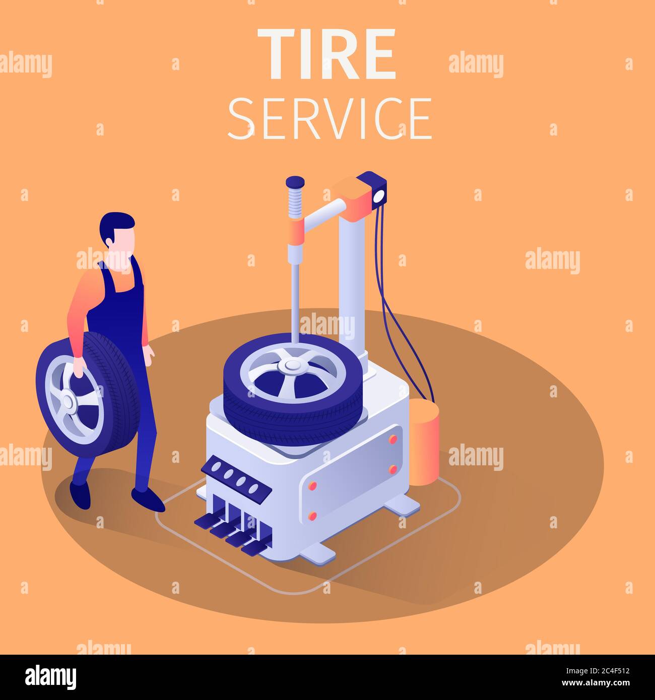 Reifenservice im Autowerkstatt. Reparaturwerkstätten oder Techniker halten Rad bereit, moderne Montage und Auswuchtausrüstung zu verwenden. 3d-Vektor Isometrisches Bild Stockfoto