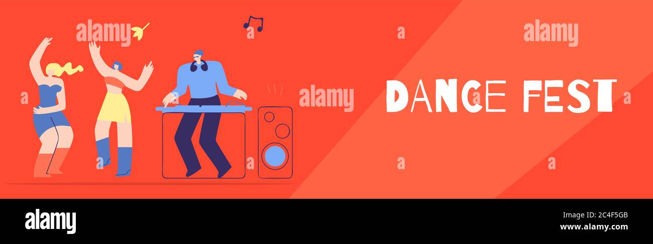 Dance Fest Flat Style Banner Schriftzug. Mann DJ Mixing musikalische Tracks Tanzen glücklich Mädchen. Disco Party im Nightclub Electro Pop Music Festival Electron Stockfoto