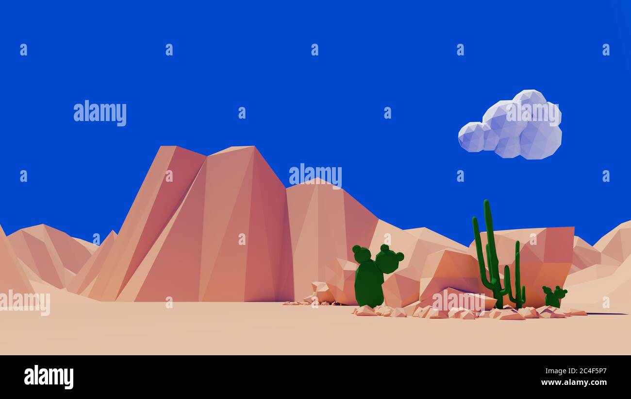 Low Poly Computer generiert gerenderte Illustration einer sonnigen Cartoon Desert Szene mit Felsen und Kaktus Stockfoto