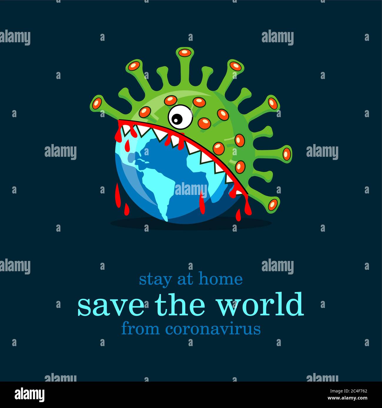 Rette die Welt vor Coronavirus, Virus, der den dunklen Hintergrund der Welt frisst Stock Vektor