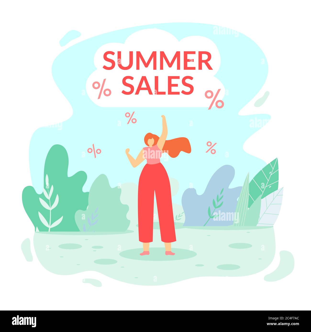 Inschrift Sommer Verkauf Vektor Illustration. Mädchen Casual Kleidung aktiv begrüßt, zeigt auf die Anmeldung über bevorstehende oder laufende Verkäufe und Disco Stockfoto