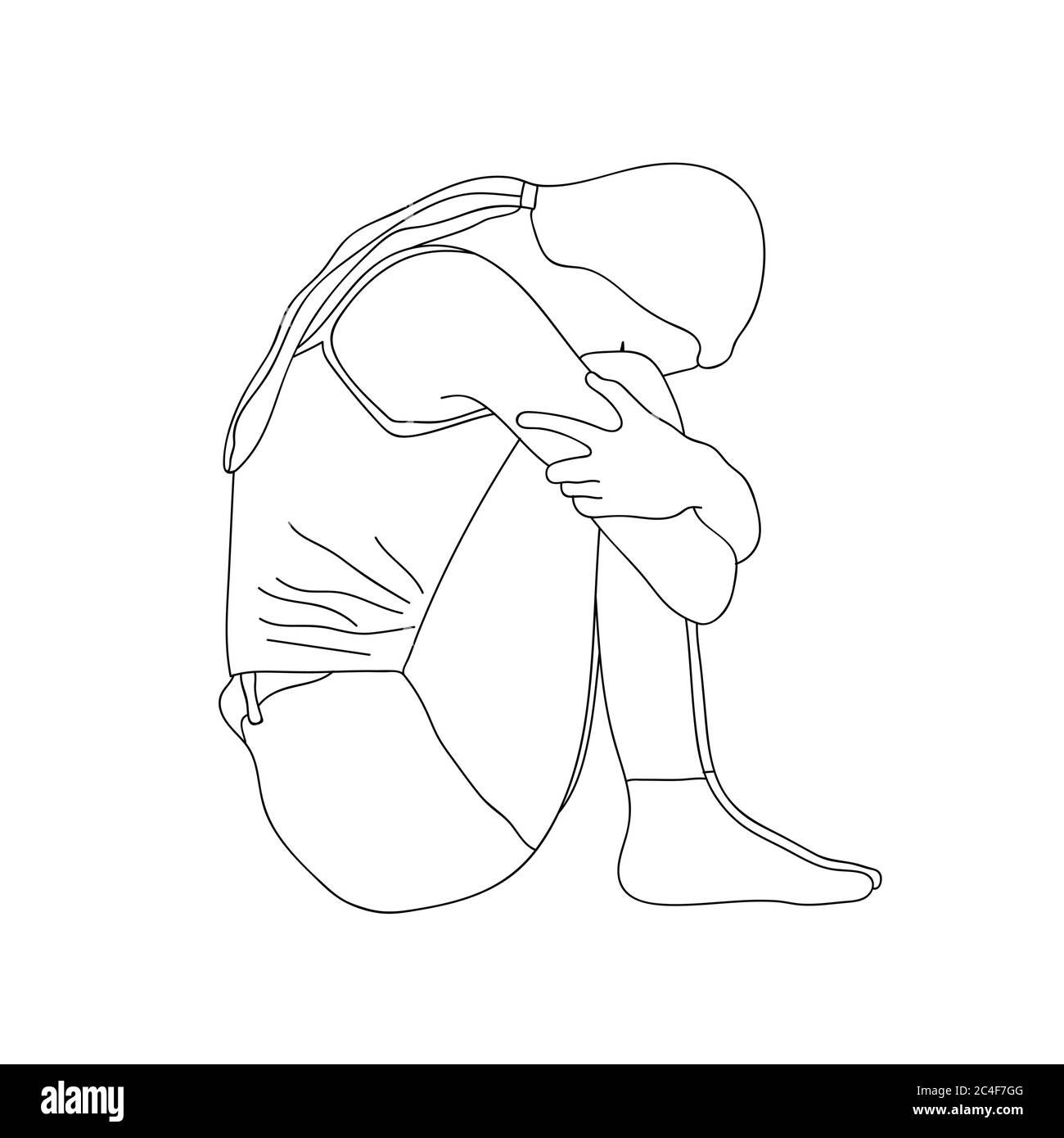 Skizze eines traurigen einsamen jungen Mädchens, das auf dem Boden sitzt und ihre Knie mit geneigtem Kopf umarmt. Vektorgrafik. Stock Vektor