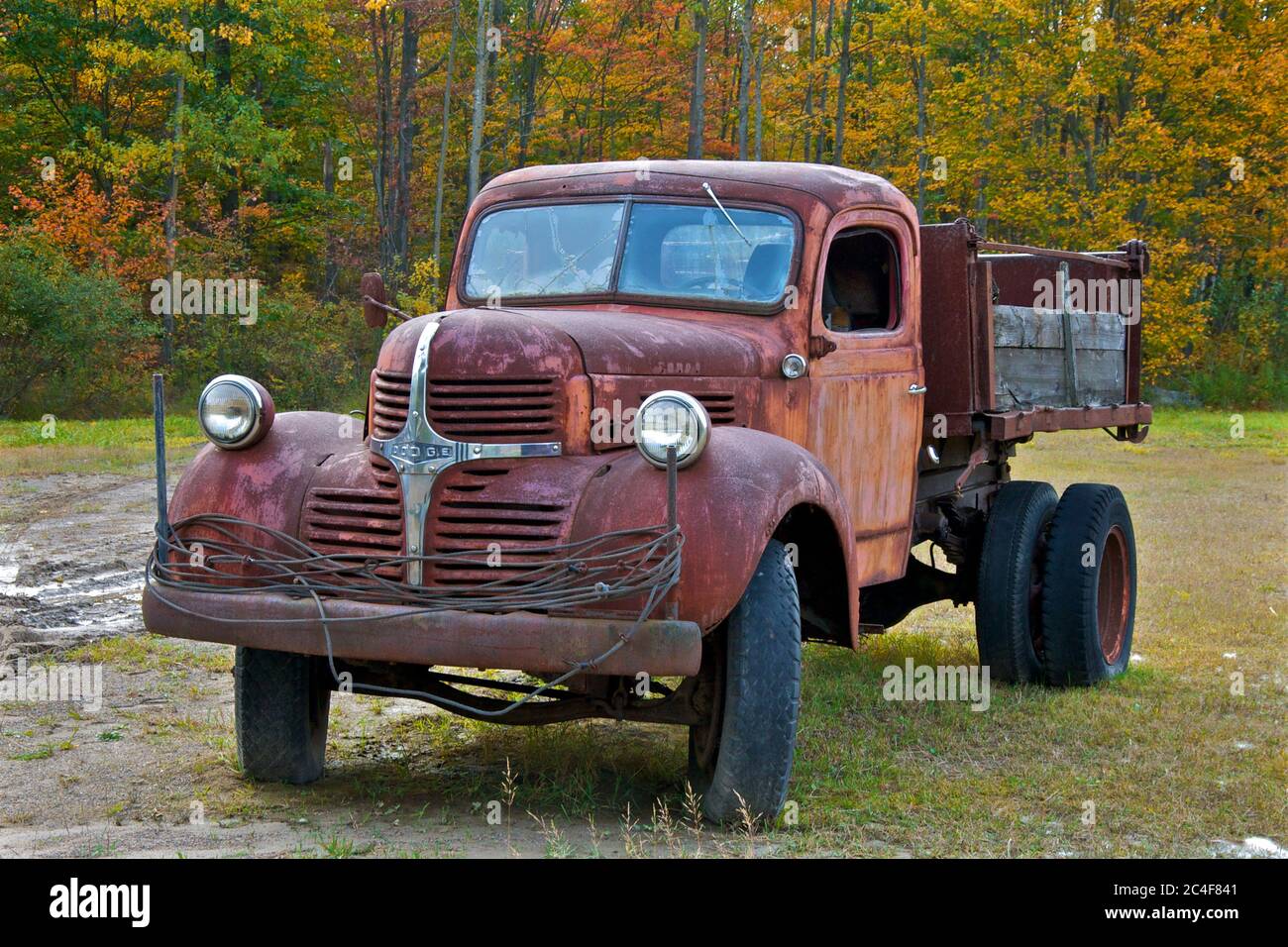 Oldtimer-LKW im Feld im Herbst, Bala, Ontario, Kanada. Stockfoto