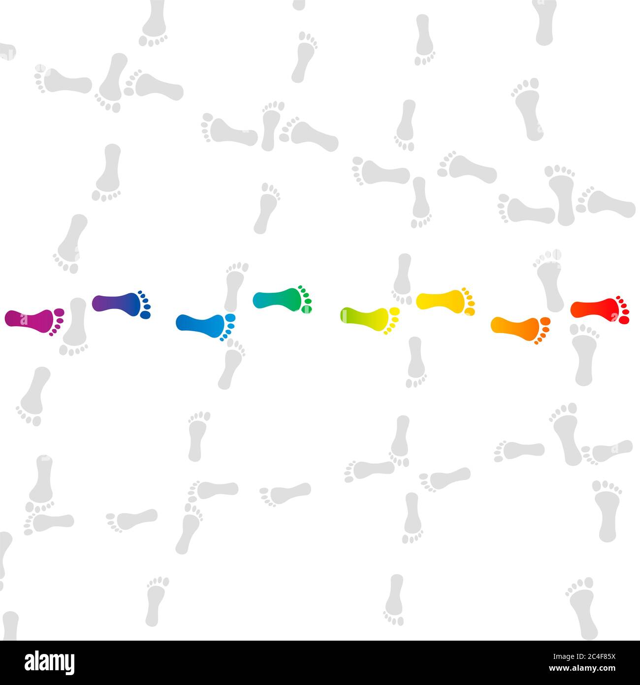 Gehen Sie meinen Weg. Regenbogenfarben Fußnote zwischen chaotischen und chaotischen Tracks. Symbol für Standhaftigkeit, Individualismus, Originalität, Mut, Vielfalt. Stockfoto