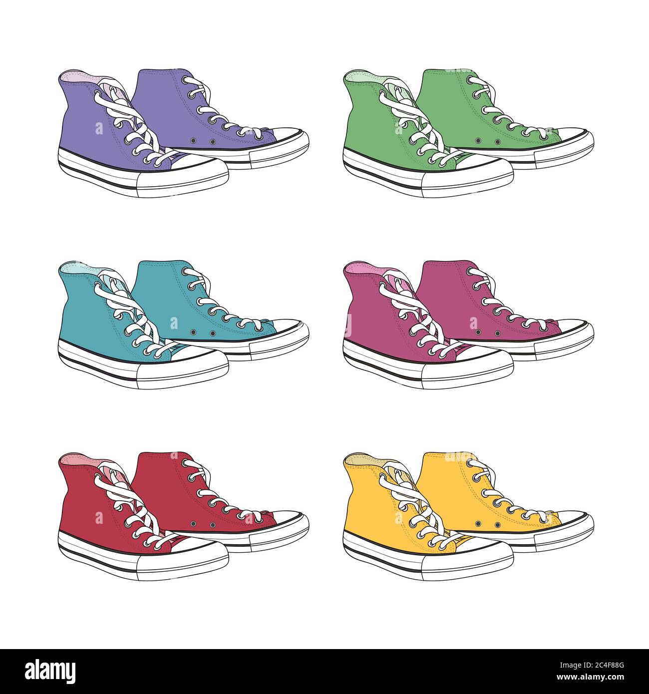 Set Hipster Sneaker in den Farben lila, grün, blau, pink, rot und gelb. Vektor. Stock Vektor