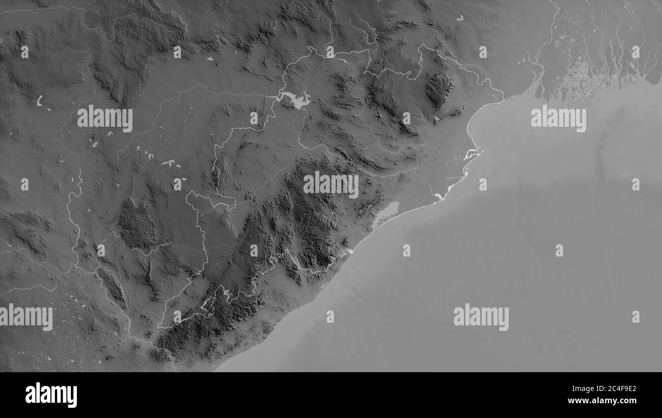 Odisha, Staat Indien. Graustufen-Karte mit Seen und Flüssen. Form, die gegenüber dem Landesgebiet umrissen ist. 3D-Rendering Stockfoto