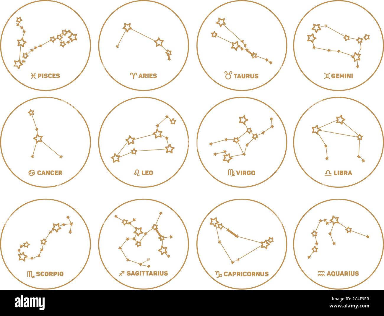 Vektor-Set von runden Sternzeichen, Sterne, Sternbilder goldene Farbe auf weißem Hintergrund. Logo, Tattoo oder Illustration. Astrologische Prognose, Horosco Stock Vektor