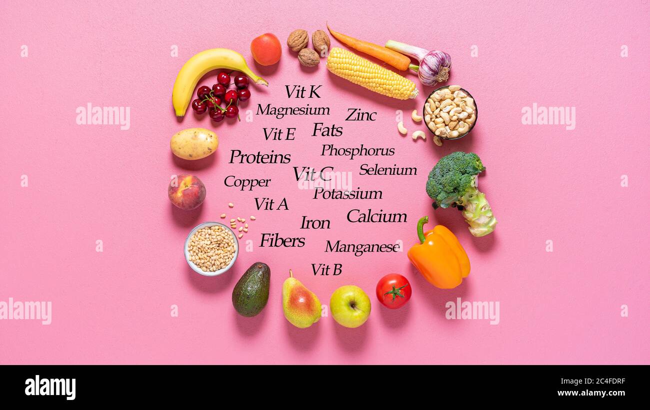 Frisches Obst und Gemüse und ihre Nährwerte auf einem rosa Hintergrund. Vegane Lebensmittel sind reich an Mineralien, Proteinen, Fetten und Vitaminen. Stockfoto