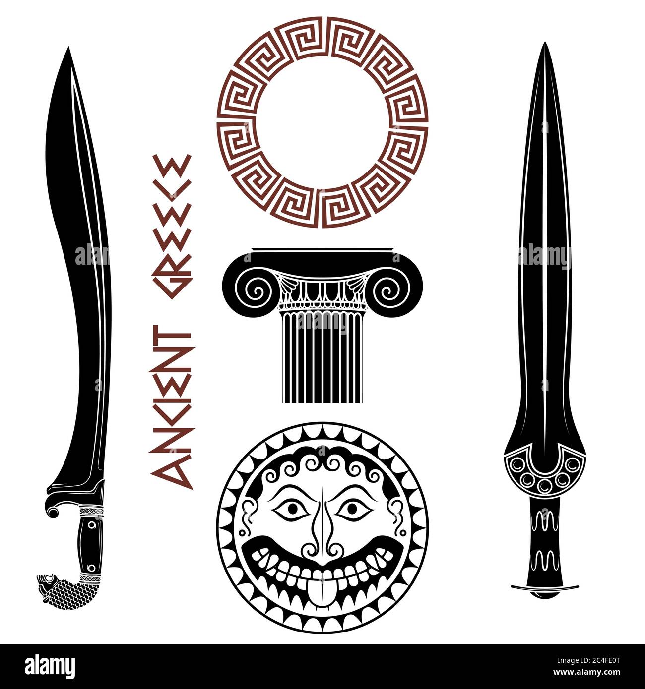 Altes Griechenland Set. Schild mit Gorgon Medusa Kopf, altgriechische Schwerter, griechische Säule und griechische Ornament mäander Stock Vektor