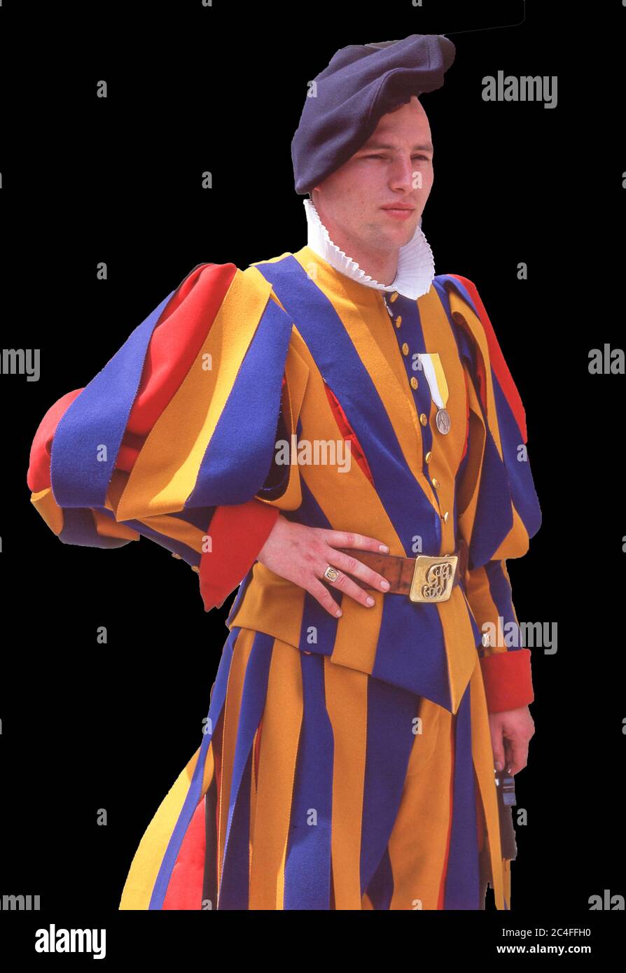 Schweizer Wachposten in traditioneller Uniform außerhalb der Vatikanstadt, des Petersplatzes, Rom (Roma), Latium, Italien Stockfoto