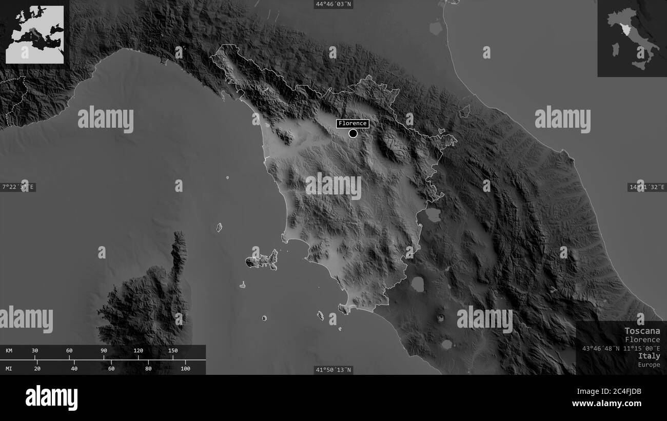Toscana, Region von Italien. Graustufen-Karte mit Seen und Flüssen. Form präsentiert gegen seine Landesfläche mit informativen Überlagerungen. 3D-Rendering Stockfoto
