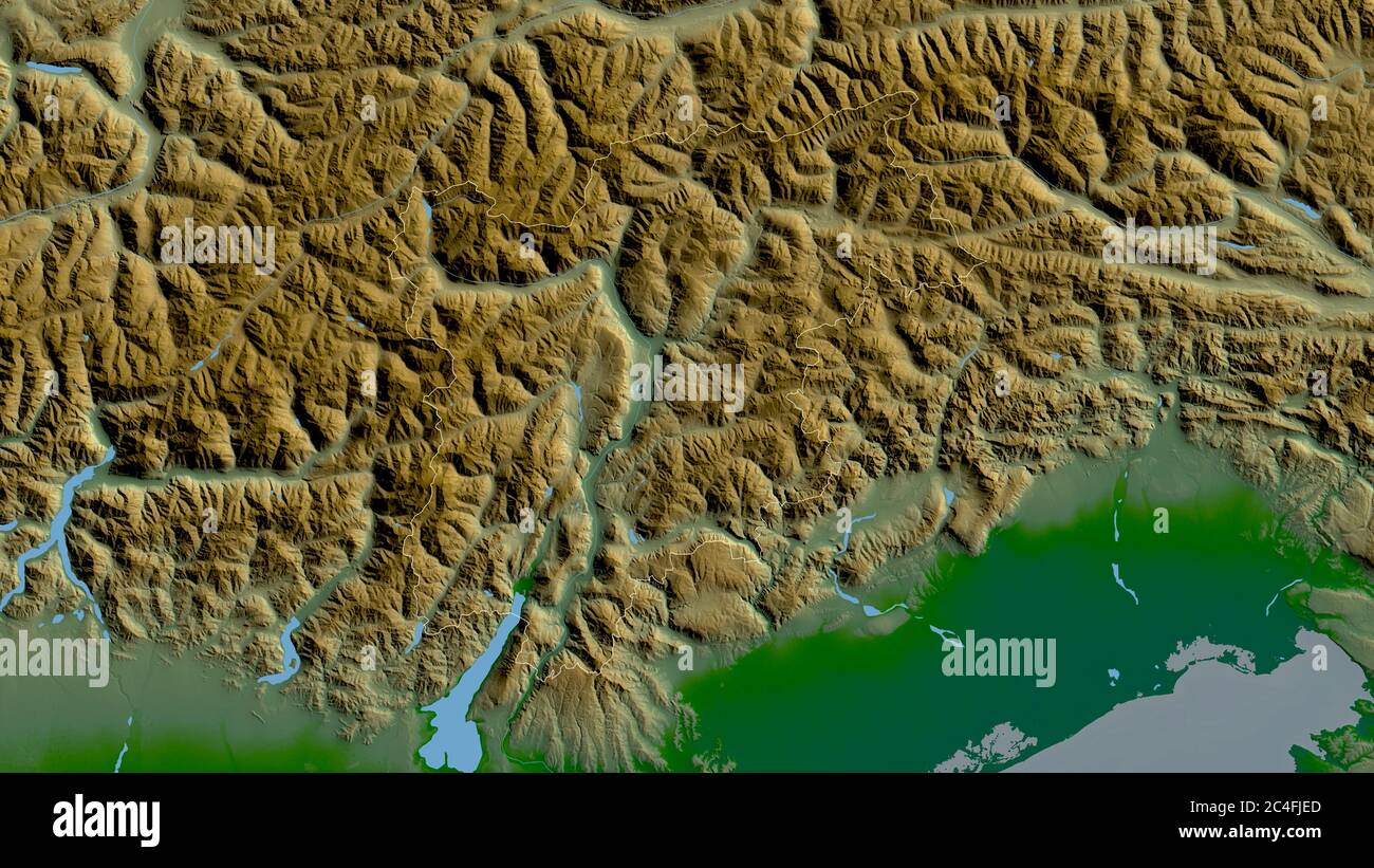 Trentino-Südtirol, autonome Region Italiens. Farbige Shader-Daten mit Seen und Flüssen. Form, die gegenüber dem Landesgebiet umrissen ist. 3D-Rendering Stockfoto