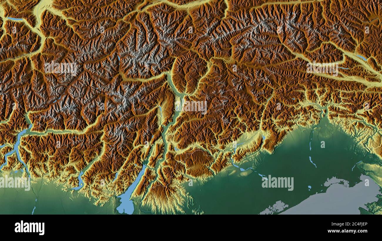 Trentino-Südtirol, autonome Region Italiens. Farbiges Relief mit Seen und Flüssen. Form, die gegenüber dem Landesgebiet umrissen ist. 3D-Rendering Stockfoto
