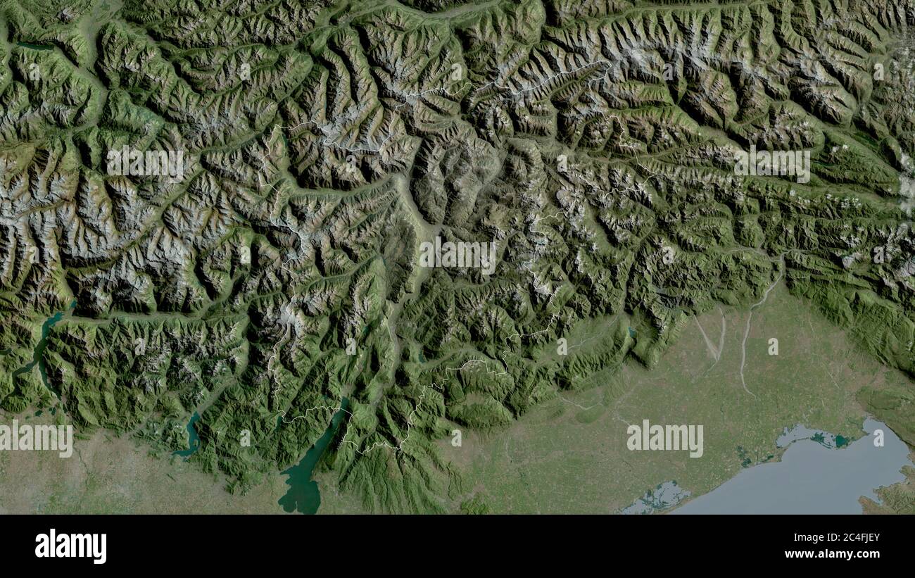 Trentino-Südtirol, autonome Region Italiens. Satellitenbilder. Form, die gegenüber dem Landesgebiet umrissen ist. 3D-Rendering Stockfoto