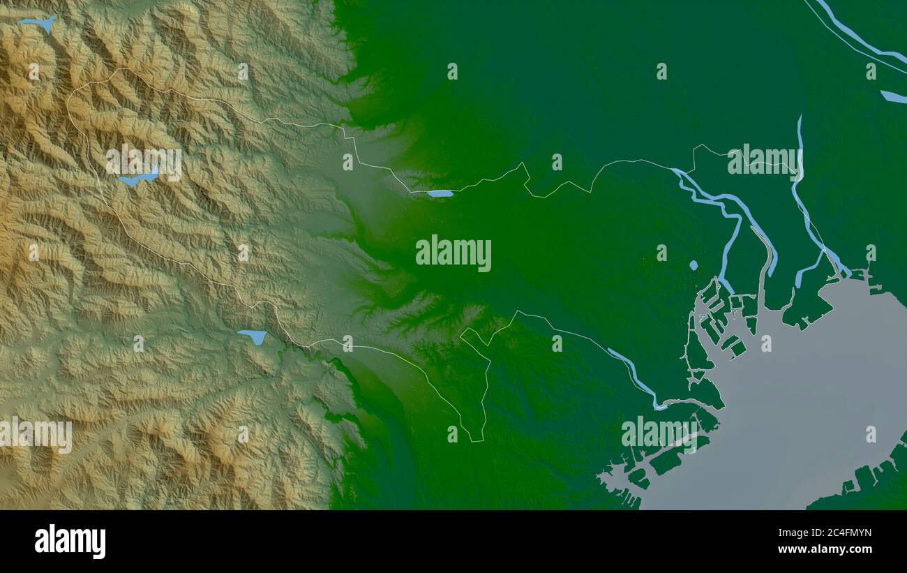 Tokio, Metropole Japans. Farbige Shader-Daten mit Seen und Flüssen. Form, die gegenüber dem Landesgebiet umrissen ist. 3D-Rendering Stockfoto