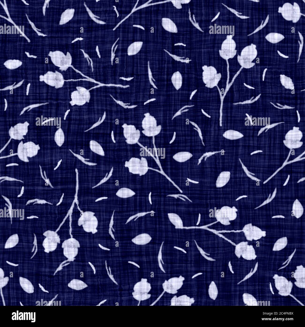 Nahtlose indigo gefärbte Bandana Textur. Blau dunkel gewebte Baumwolle Effekt Hintergrund. Wiederholen Sie indonesische Batik Resist Muster. Weißer Block gedruckt vintage Stockfoto