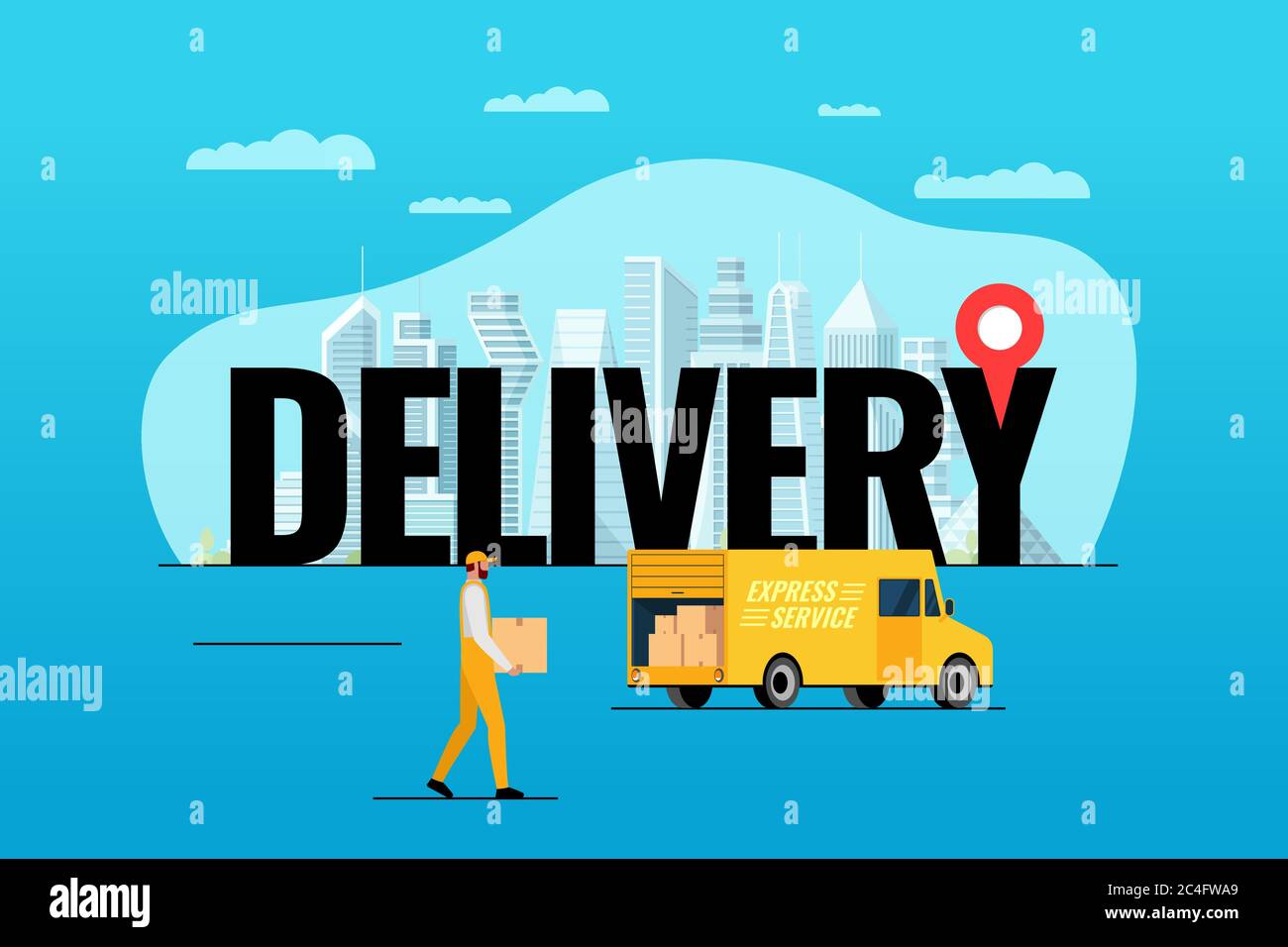 Express-Lieferservice LKW-Bestellkonzept. Große Inschrift mit gps Pin Geotag auf moderne Stadt und männlicher Kurier mit Paketbox. Schnelle Fracht Logistik van flache Vektor eps Illustration Stock Vektor