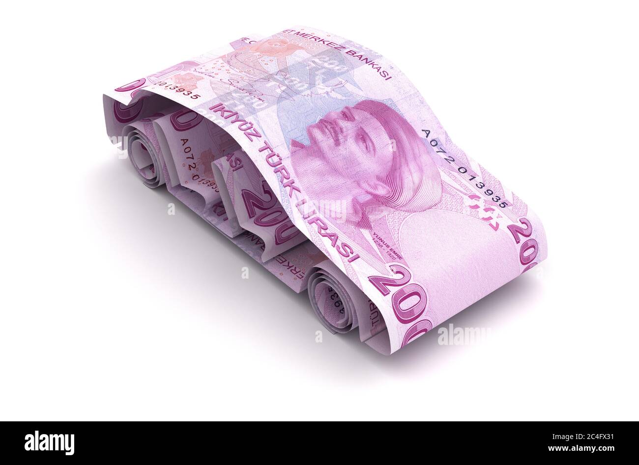 Autofinanzierung mit Türkischen Lira (isoliert auf weißem Hintergrund) Stockfoto