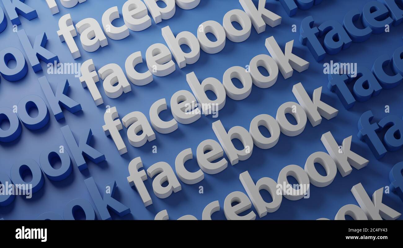 Facebook Multiple Typografie auf Blue Wall 3D Rendering Stockfoto