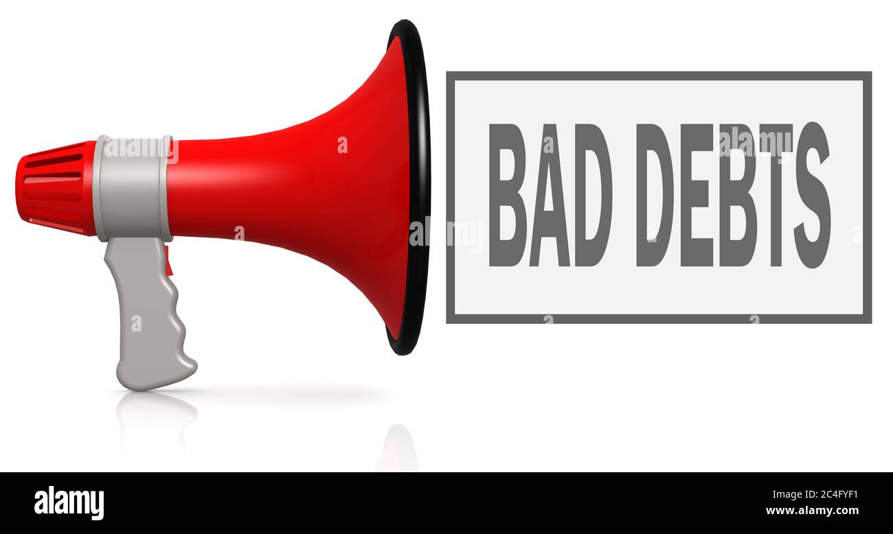 Bad Debts Wort mit rotem Megaphon isoliert auf weiß, 3D-Rendering Stockfoto