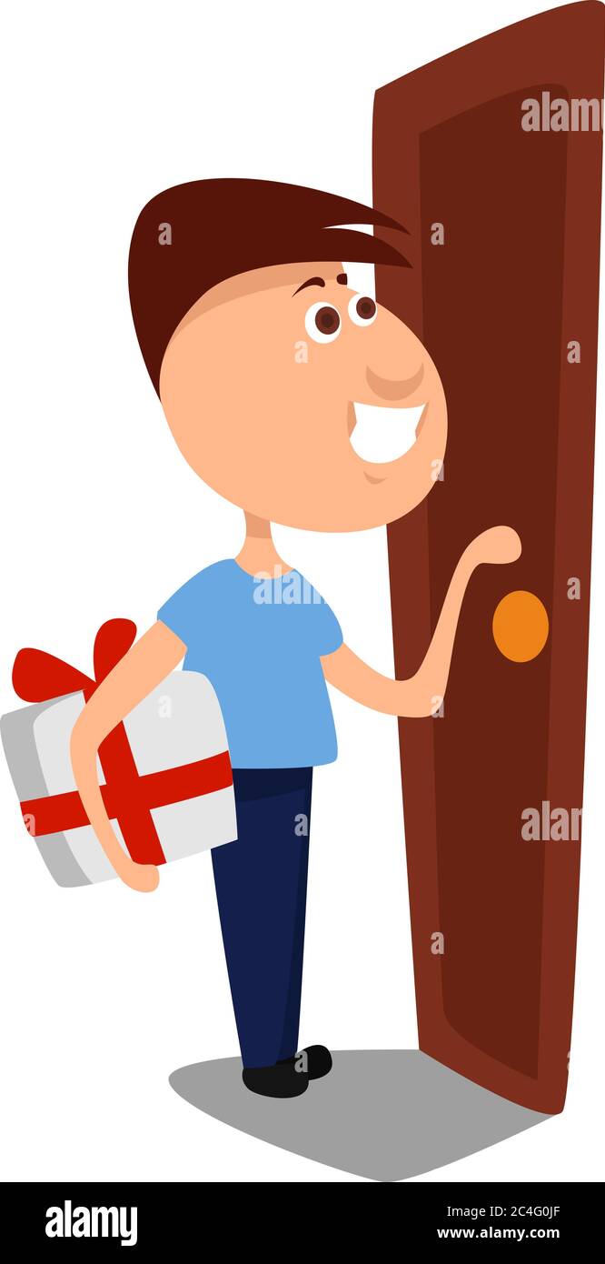 Mann mit Überraschungsgeschenk, Illustration, Vektor auf weißem Hintergrund Stock Vektor
