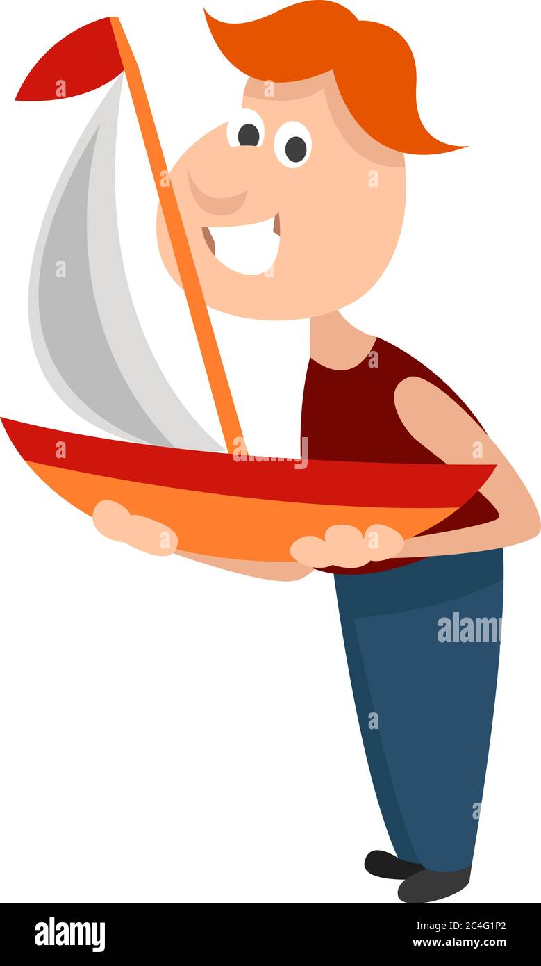 Mann mit Holzschiff, Illustration, Vektor auf weißem Hintergrund Stock Vektor