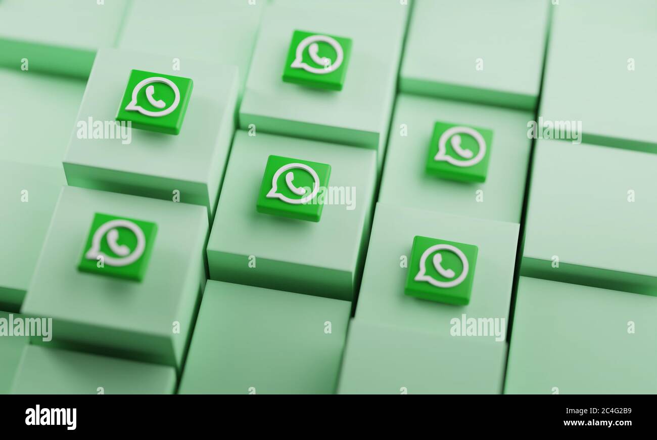 WhatsApp Logo auf Cubes. 3D-Rendering für Social Media-Hintergrund Stockfoto