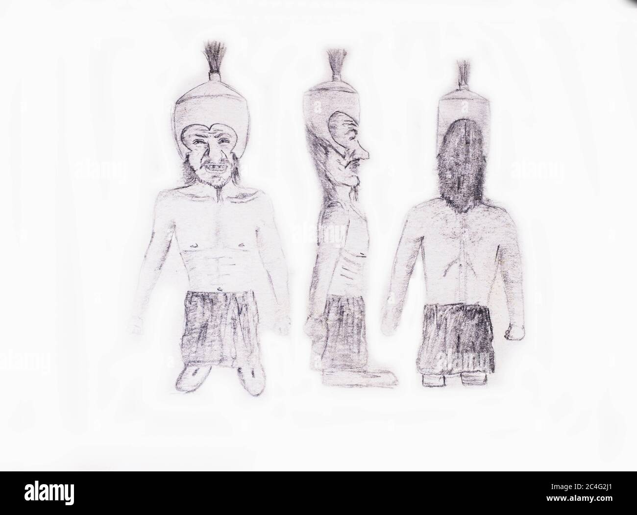 Bleistift Skizze Modellierung EINES kleinen Mannes von drei Seiten - auf weißem Hintergrund Stockfoto