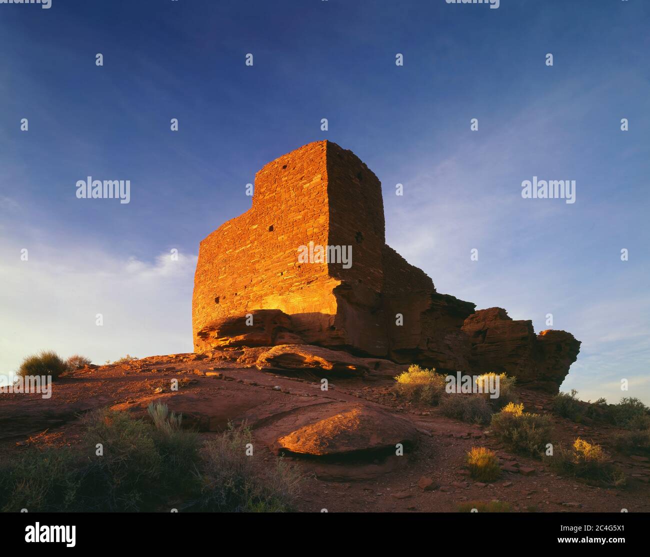 Wupatki National Monument AZ / AUG das erste Licht erwärmt die Sinagua Ruine von Wukoki. Auch bekannt als das große Haus. Stockfoto