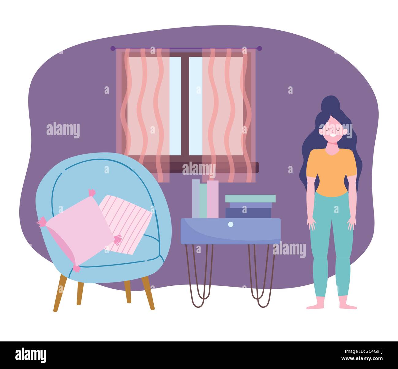 Bleiben Sie zu Hause, Mädchen im Zimmer mit Büchern Stuhl, Selbstisolierung, Aktivitäten in Quarantäne für Coronavirus Vektor Illustration Stock Vektor