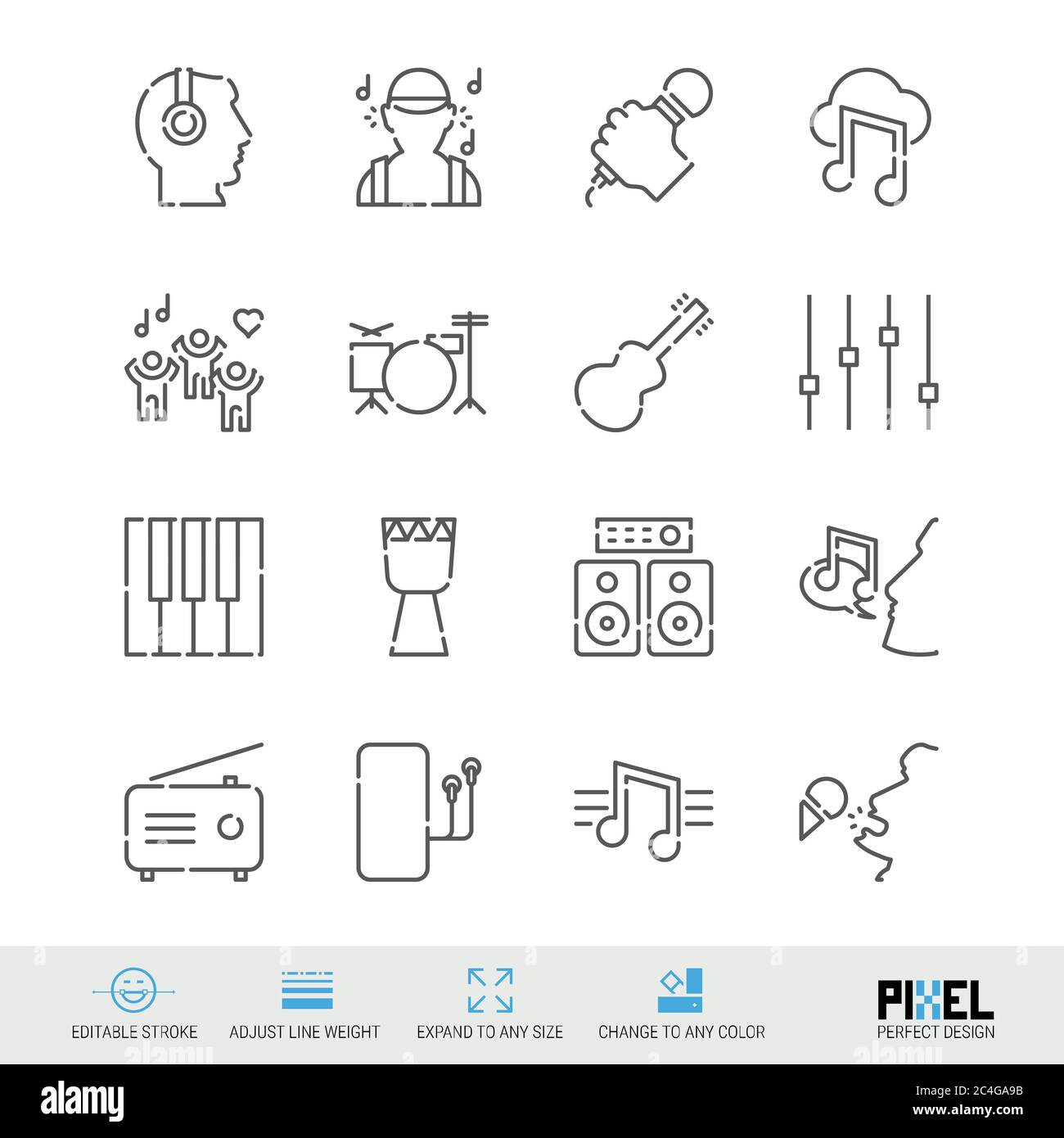 Lineare Symbole für Musik. Musikalische Symbole, Piktogramme und Zeichen. Stockfoto