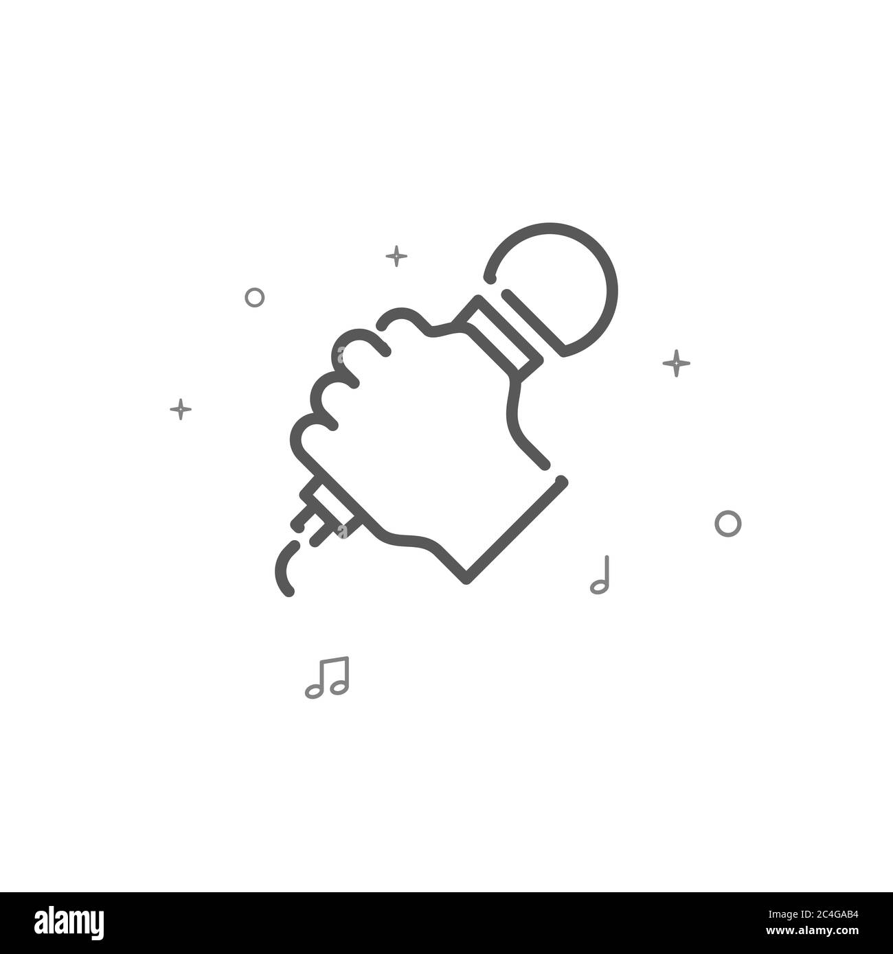 Hand mit Mikrofon, Symbol für einfache Linie. Karaoke-Symbol, Piktogramm, Zeichen. Heller Hintergrund. Stockfoto