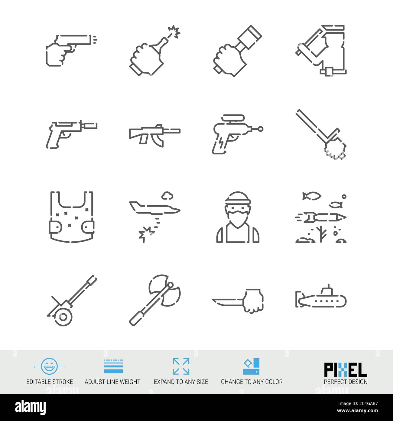 Waffen bezogene lineare Symbole. Armee und Polizei Symbole, Piktogramme und Zeichen. Stockfoto